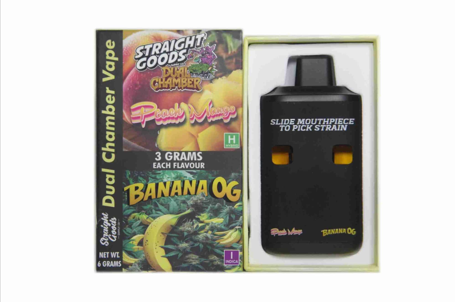 Straight Goods 6g Dual Chamber Vape – Peach Mango + Banana OG 4 Straight Goods 6g Dual Chamber Vape – Peach Mango + Banana OG - Image 2